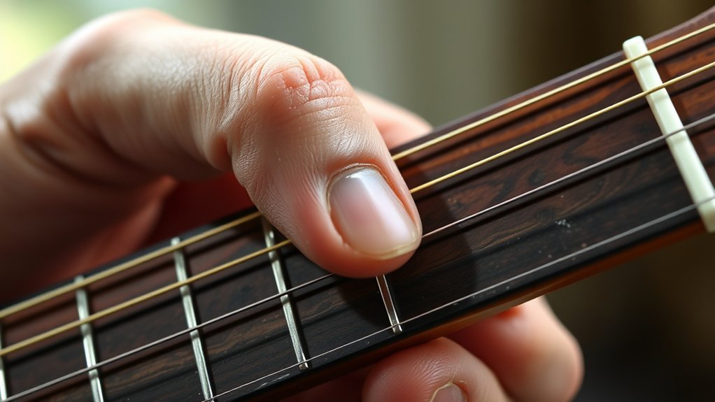 curved fingers near frets